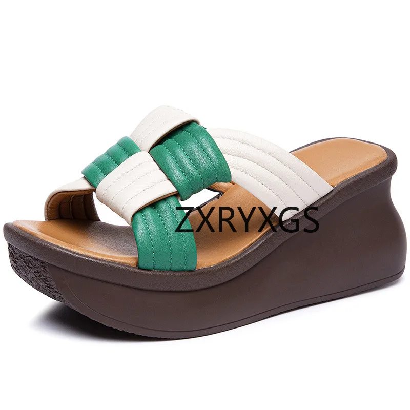 

ZXRYXGS Thick Soled Height Increasing Slippers Women Sandals 2024 Summer Genuine Leather Color Blocking Weaving Fashion Slippers