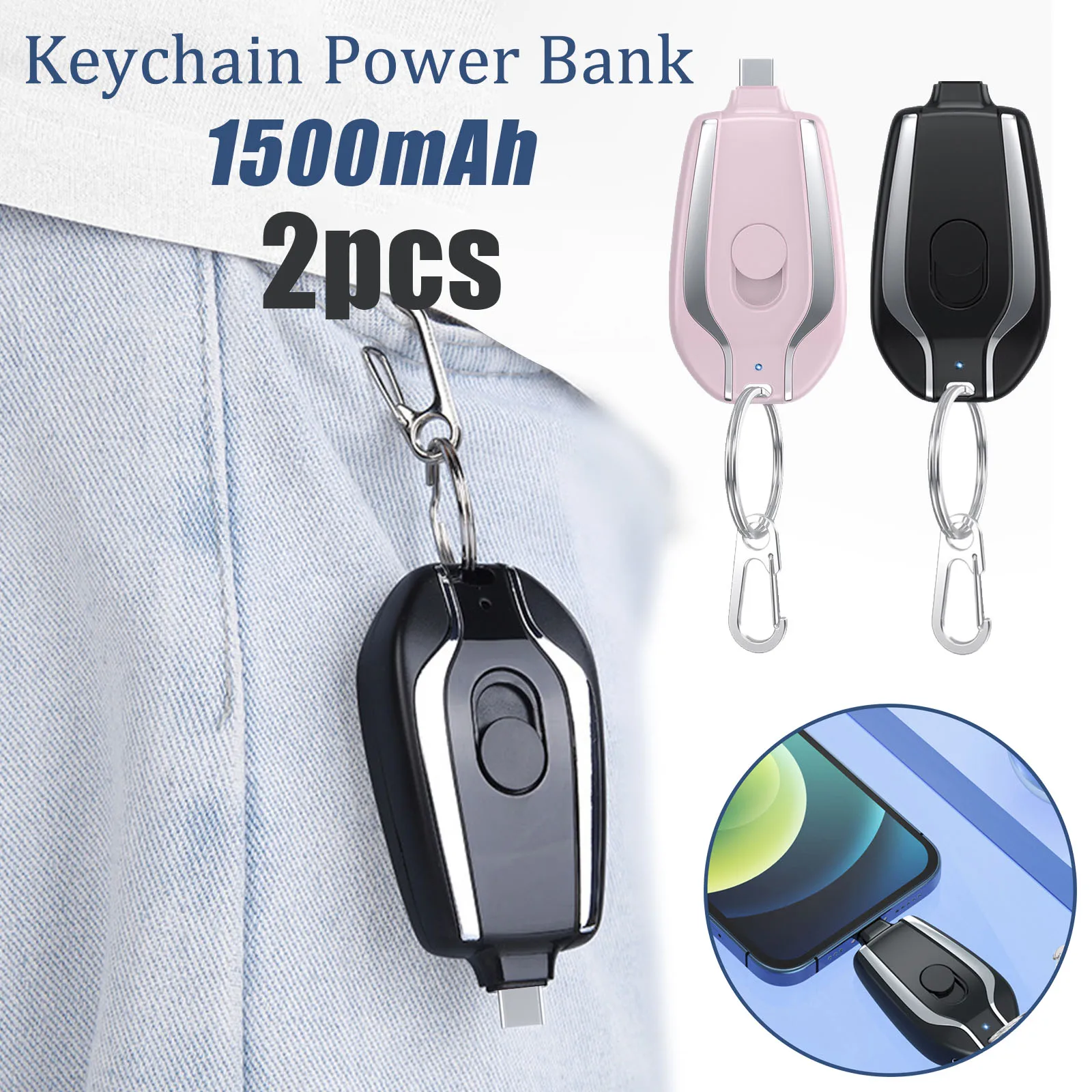 1500mAh Portable Mini TypeC Power Bank Keychain Emergency Charger For Iphone Android Smartphone