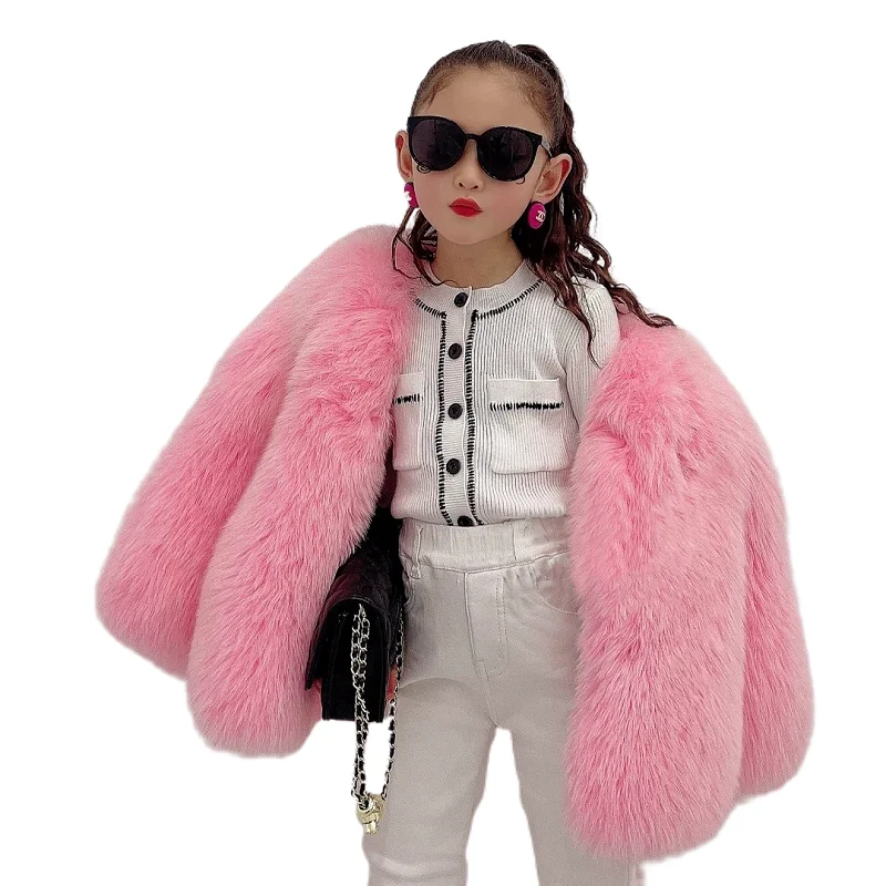 PinkRabbitFurCoatsforBabyGirlsLongStyle2022KoreanKidsFaux