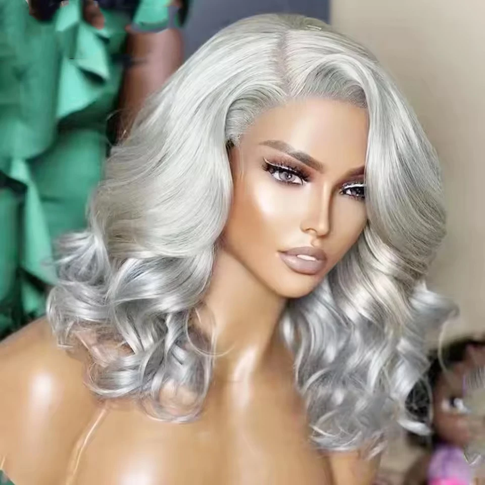 MXWIG Synthetic Hair Grey Bob Body Wave Glueless 13X4 Lace Front Wig For Black Women Preplucked 26 " Long Daily Fiber Cosplay