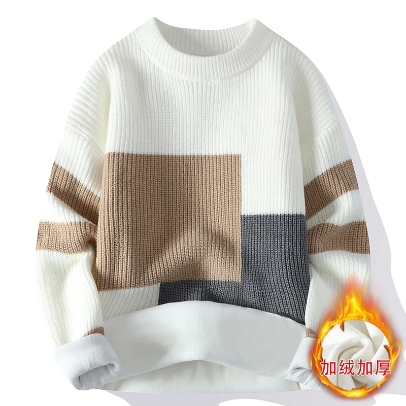 Autumn and Winter New Men's Round Neck Sweater Fashion Casual Color Blocked Long Sleeved Loose Youth Popular Bottom Knitted Tops