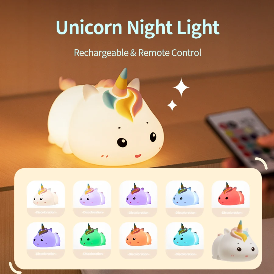 バッテリー付きUSB充電式LEDナイトライト,ユニコーンデザインの