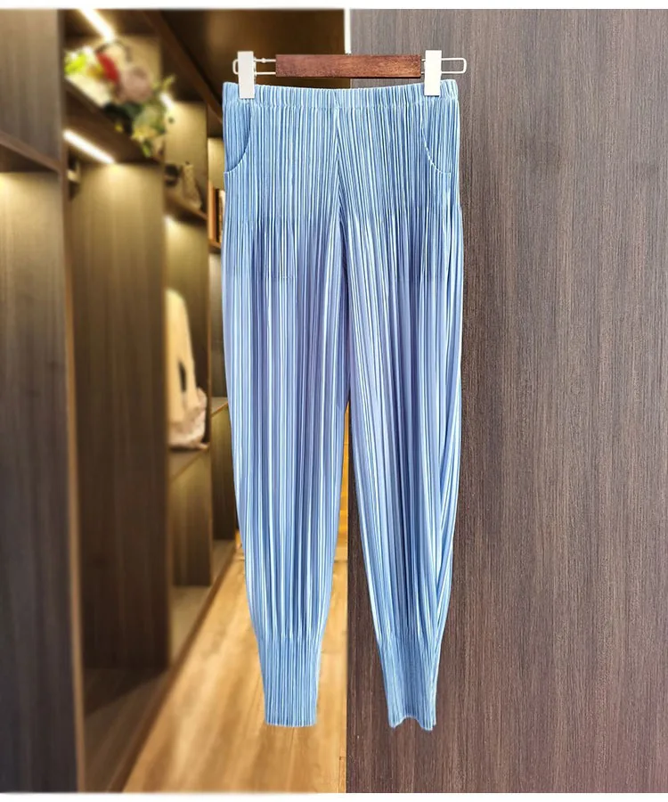 Miyake Pleated Radish Pants Women's Loose Thin Harem Pants Pleated Calf Solid Color Versatile Simple Oversized with Elasticity