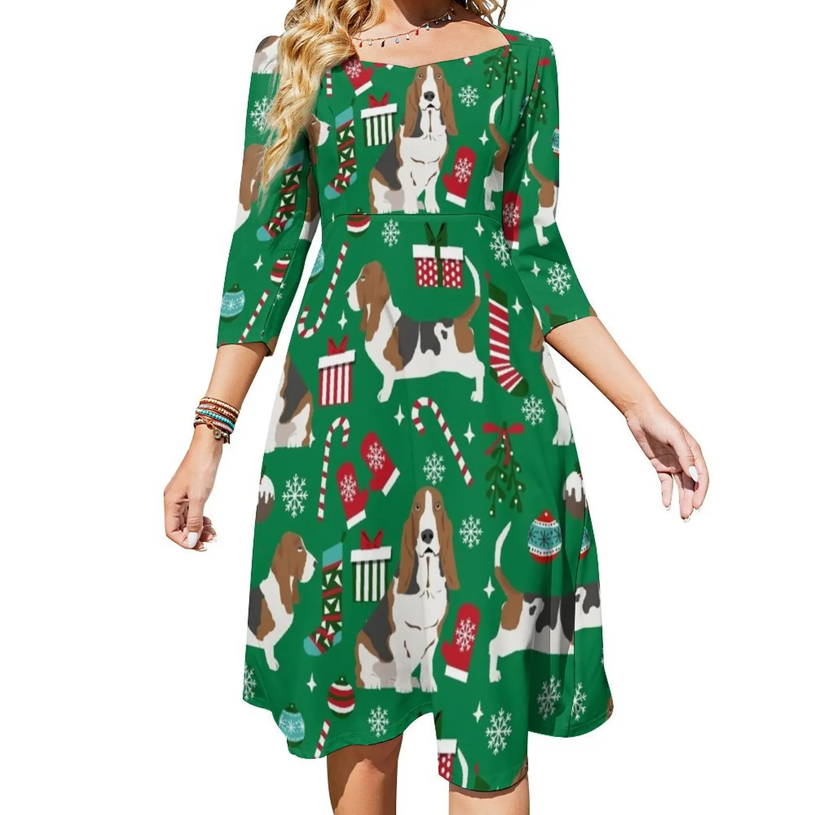 

Рождественский узор bассет, Рождественская собака, порода, подарки для домашних животных, расклешенное платье, платья для церемоний, женская одежда