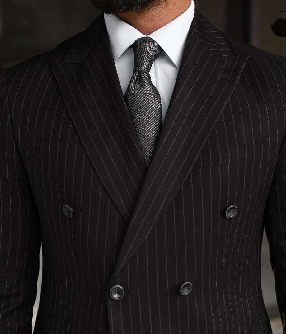 Black Pinstripe New Arrival Men Suit Tailor-Made 2 Pieces Blazer Black Pants Double Breasted Wedding Groom Causal Prom Tailored