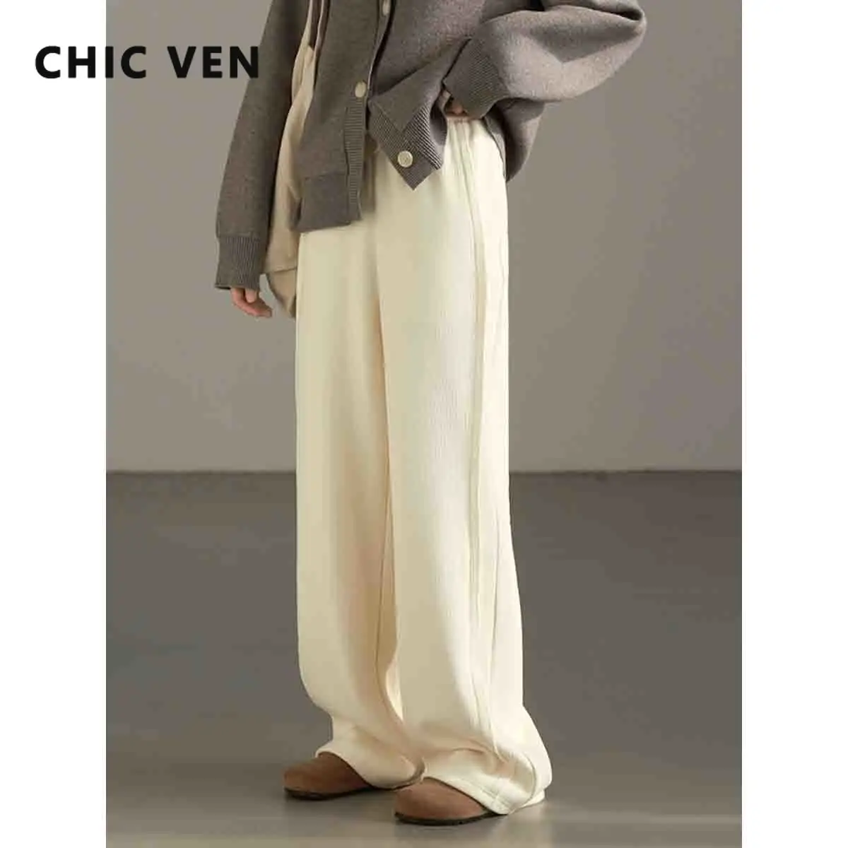 

CHIC VEN Women's Pant Korean Solid High Waisted Plush Pants Casual Wide Leg Trousers Female Clothing Spring Autumn New 2024