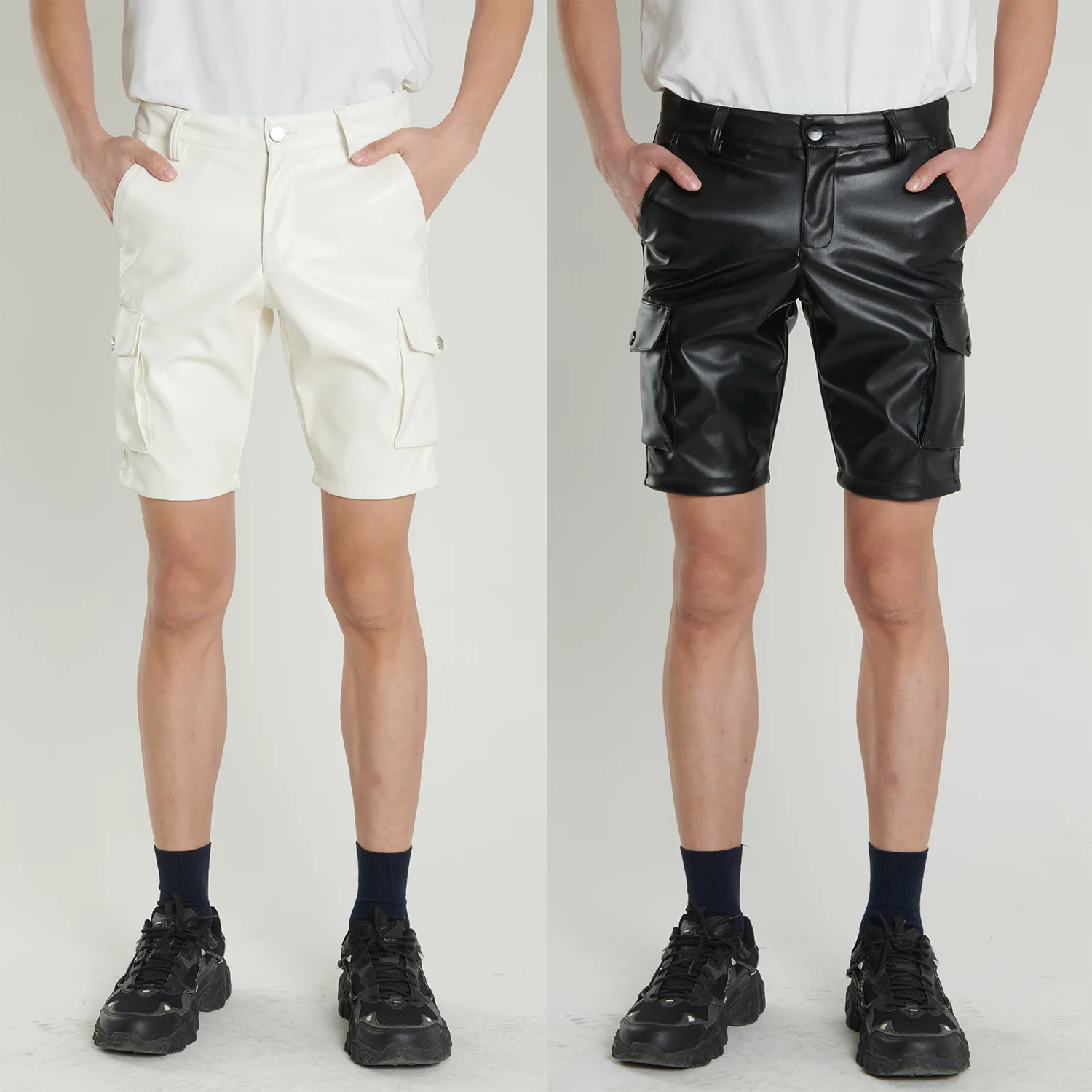 

Men's Leather Cargo Shorts Stretch Fashion PU Leather Shorts Pockets
