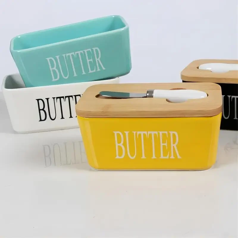 Ceramic Butter Boxes Dishes Cans Cheese Trays Vertical Containers Kitchen Food Storage Containers Round Wooden Covers butter storage box ceramic sauce dishes