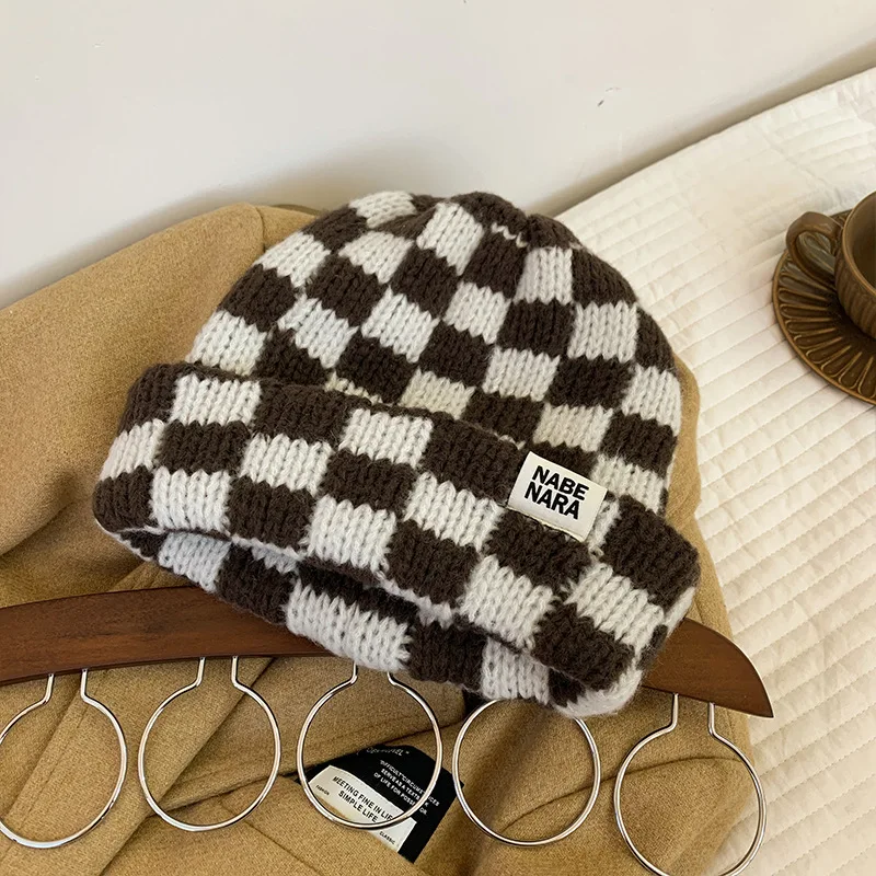 Chessboard Plaid Knit Beanies for Women Winter Korean Ins