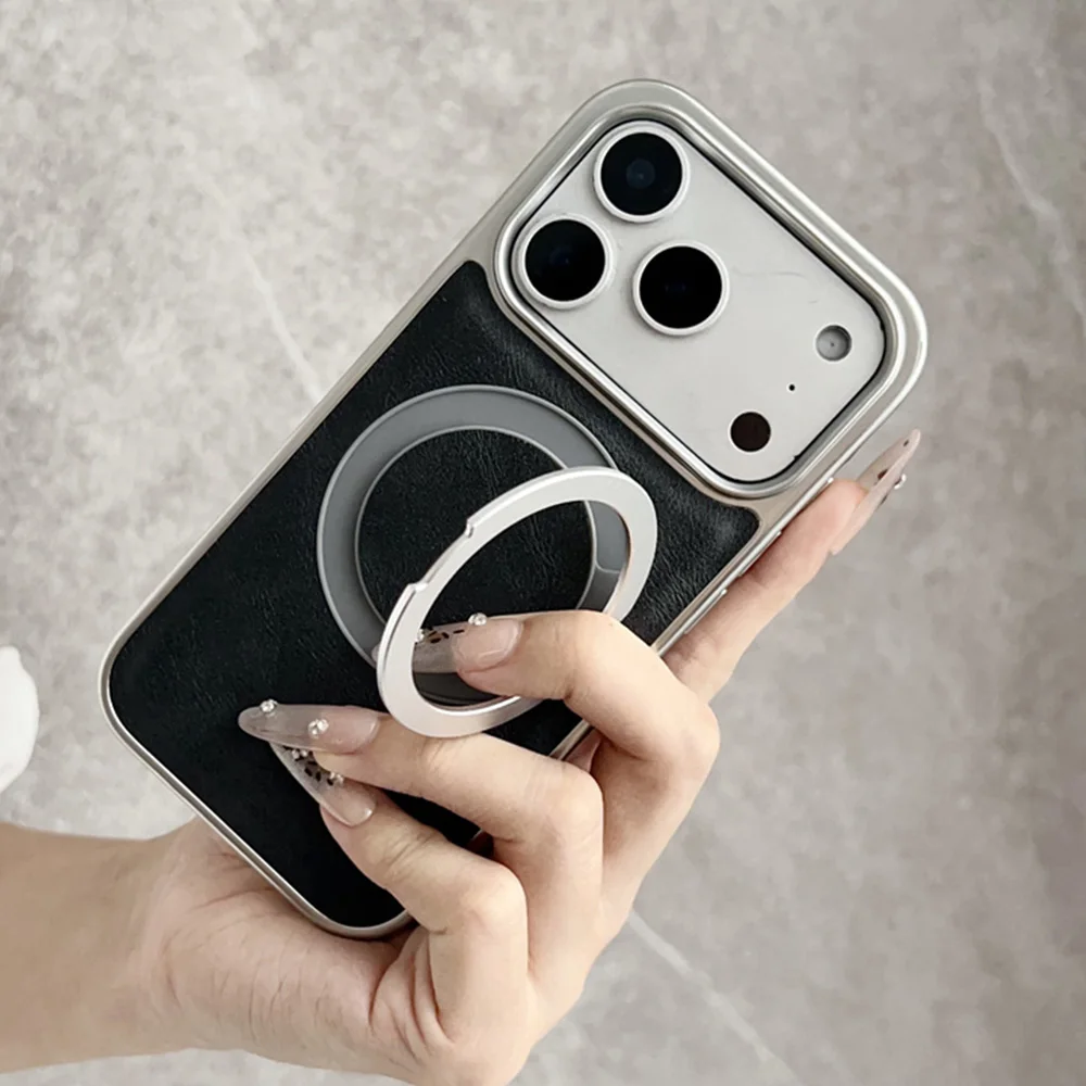 Elegant Rotating Magnetic Leather Phone Stand Case with Air Plating Hybrid Protector Cover