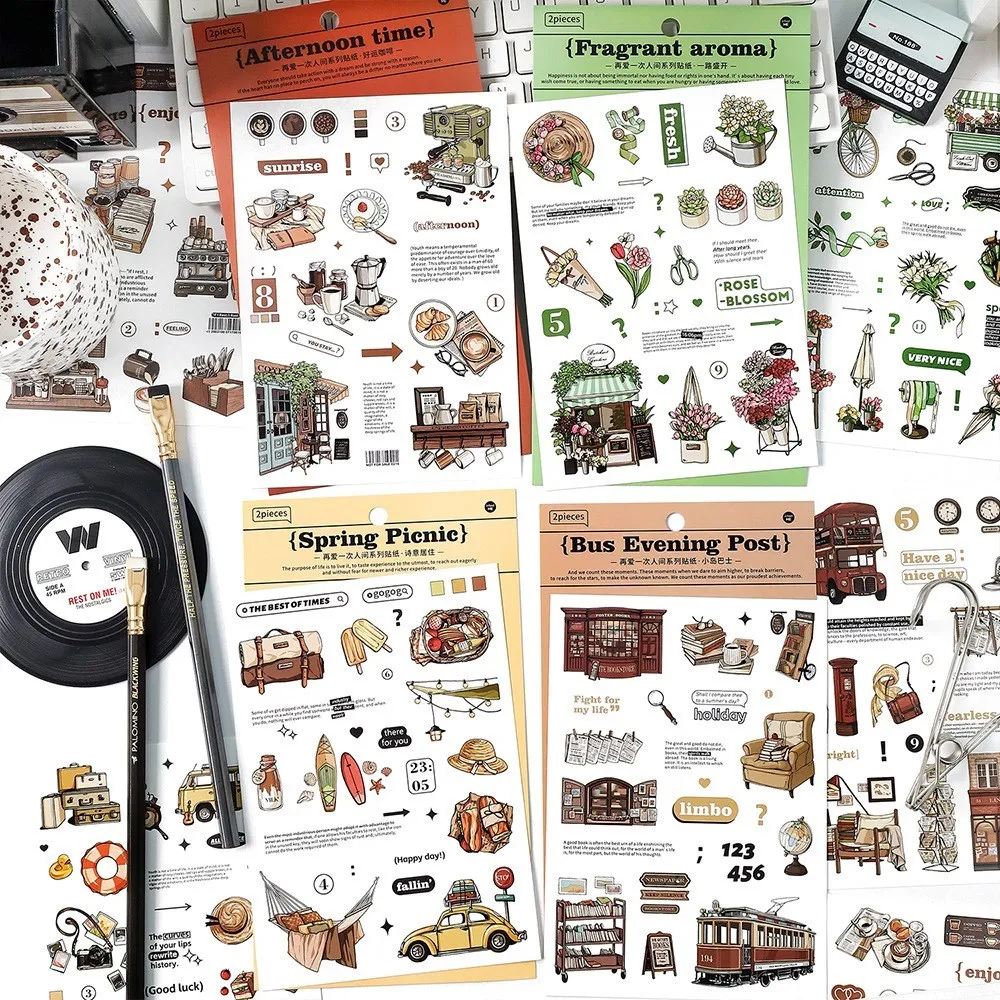 

2 Pcs Vintage Coffee Bus Camping Theme Waterproof Stickers For Planner Scrapbook Coffee Journals Decoration