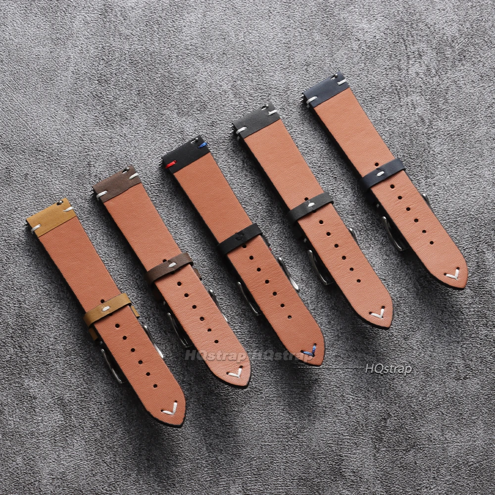 Vintage Leather Quick Release Watch Band - Handmade Cowhide Strap with Elegant Stitching