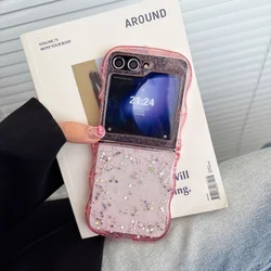 3D Wave Glitter Star Sequins Clear Shockproof Phone Case with Curved Edge Design for Galaxy Z Flip5 (Rose Red)
