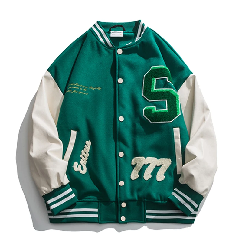 Green Varsity Jacket Men Oversize S Letter Embroidery Vintage Women