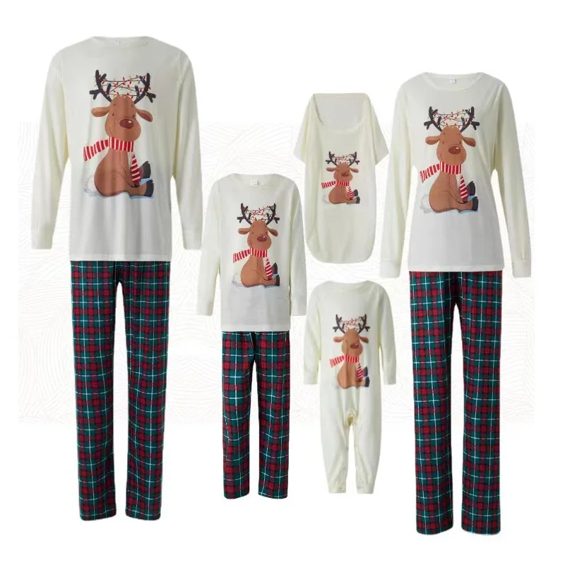 

2024 Christmas Deer Family Matching Pajamas Set Plaid Daddy Mommy and Me Xmas Pj's Clothes Couples Kids Baby Dog Pyjamas Outfits