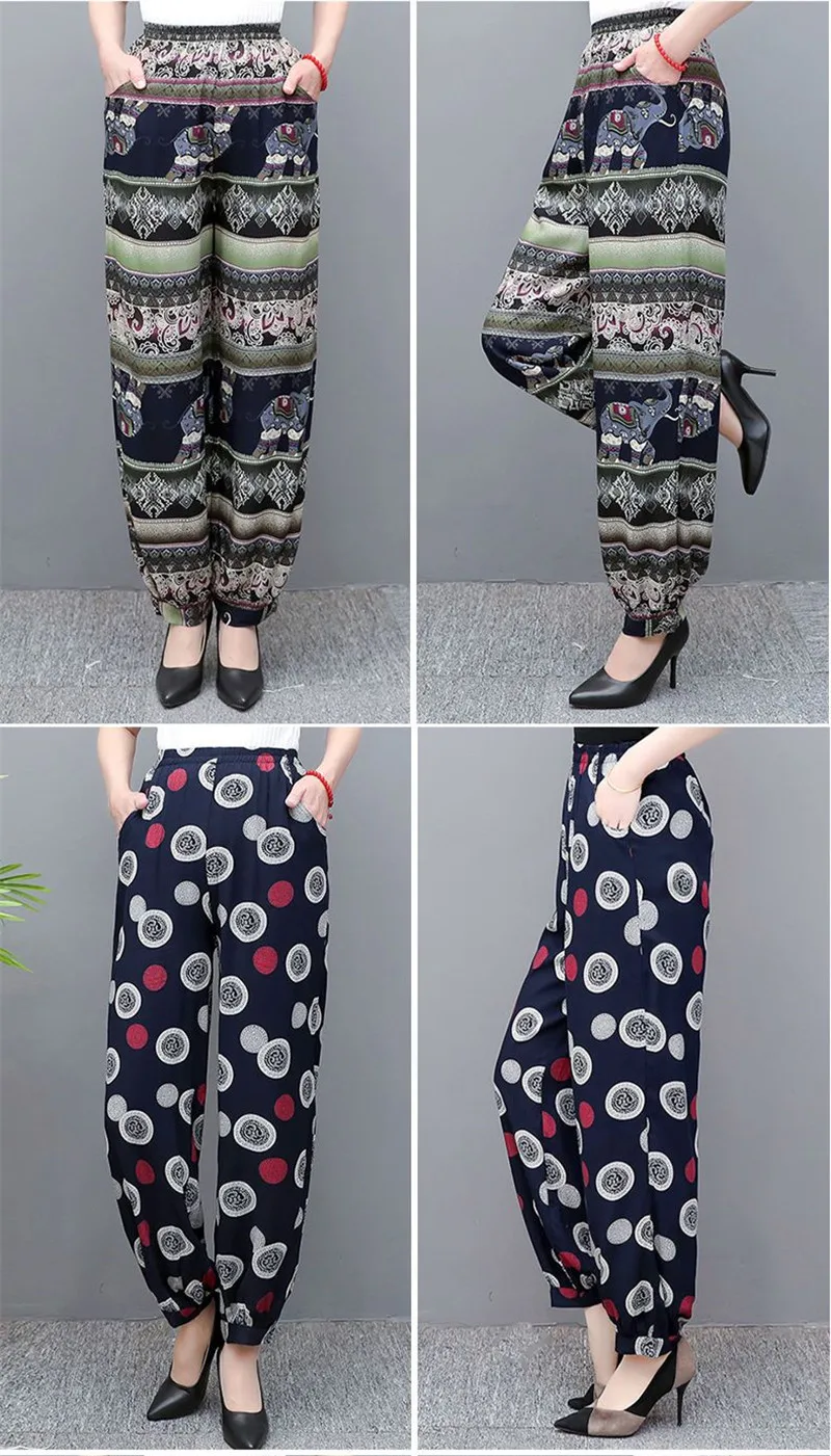 Cotton Silk Pants Women New Spring Summer Elastic High Waist Harem Pants Fashion Printed Casual Wide Leg Pants Female Trousers
