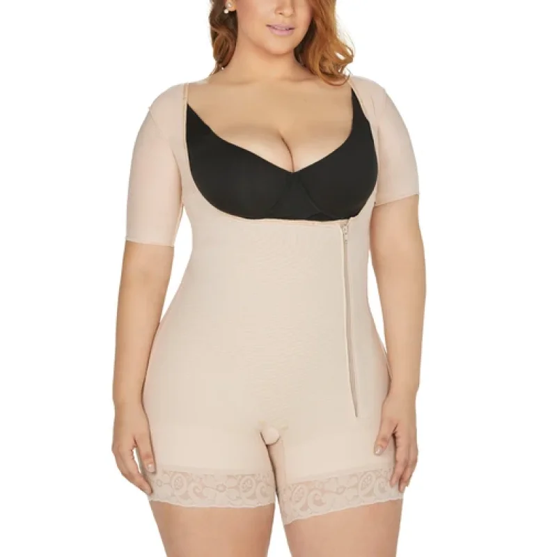 Beige Middle Sleeve Zip Adjustable Shapewear Shaper Breathable Fabric Front Closure Bodysuit Women Lace