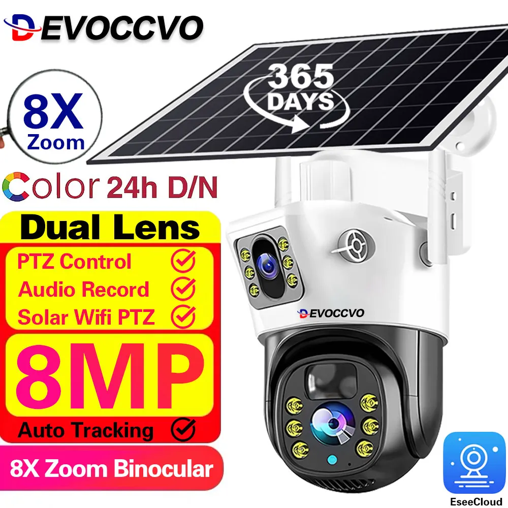 

8MP 4K Dual Lens Solar Camera Wireless Outdoor Waterproof PIR Tracking Detection CCTV Surveillance Low Powered Solaire IP Camara