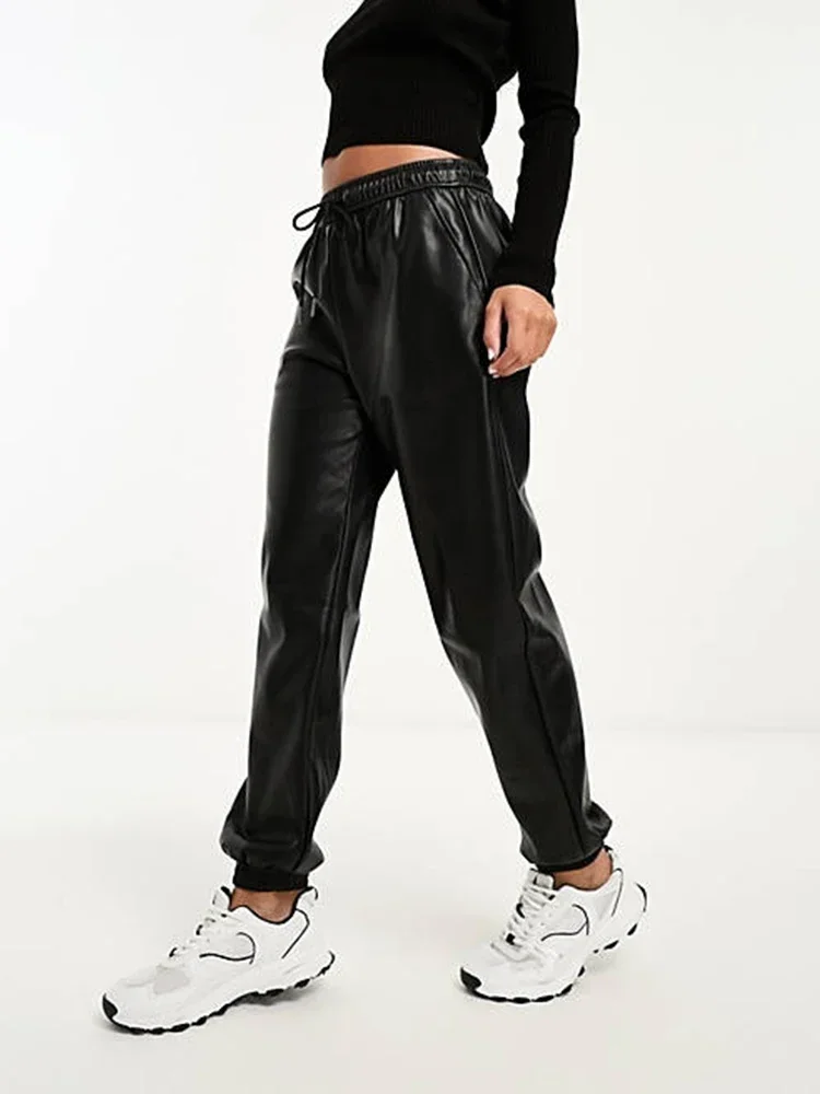 

Women High Waist Casual Matte Faux Leather Drawstring Bundle legs Sweatpants With Pocket Ladies Loose PU Joggers Party Custom