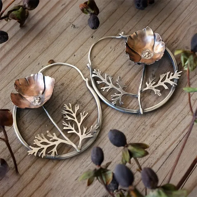 Elegant Ethnic Flower Hoop Earrings - Silver Dangle Jewelry for Women 1