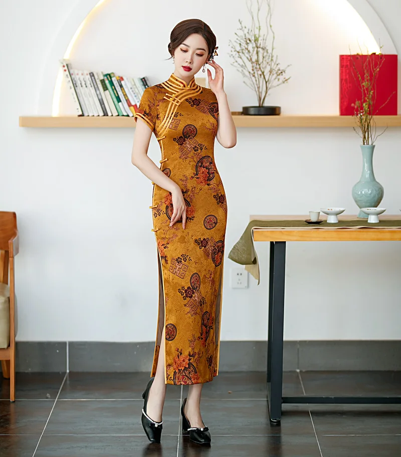 

Sexy Floral Printed Satin Mandarin Collar Qipao Short Sleeve Dress Traditional Chinese Women High Split Long Cheongsam