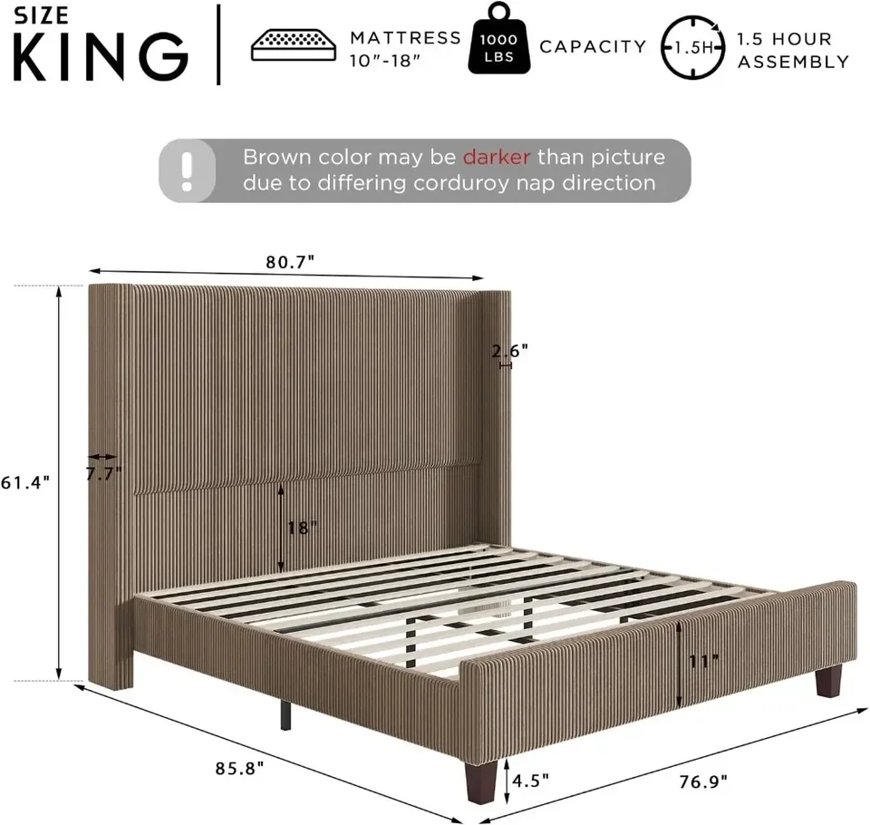 King Size Corduroy Upholstered Platform Bed Frame