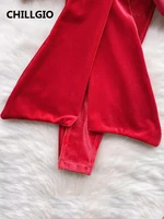 CHILLGIO Women Christmas Velour Strappy Rompers Fashion Bow Tight One Shoulder Catsuit Sexy Solid One Piece Combination Bodysuit - Image 4