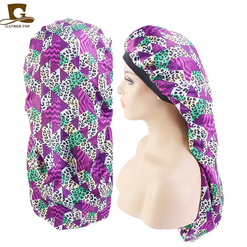 

African Style Satin Long Bonnet Double Layer Night Sleep Cap For Women Shower Hat Beauty Salon Hairdressing Cap Soft Headcover
