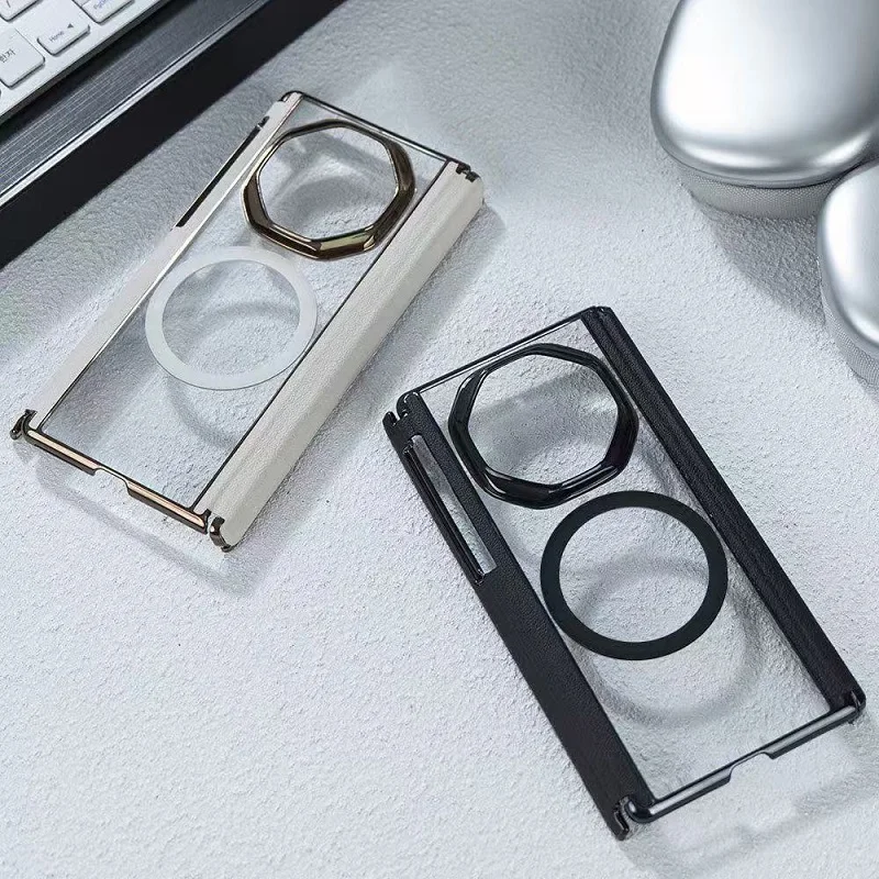 Magnetic Leather Double Hinge Case with Magsafe and Transparent Back
