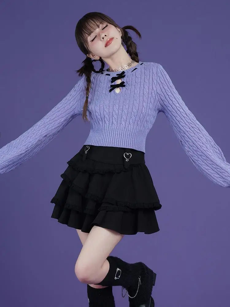 

Short college style blue purple bow twist slim short sweater with lantern sleeves Korean version 2024 winter fashionable top