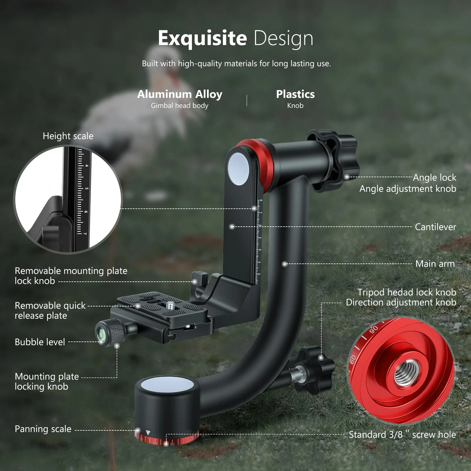 Lanxire Gimbal Tripod Head Aluminum Alloy with Arca Type Quick Release Plate 360&deg; Panoramic Shooting