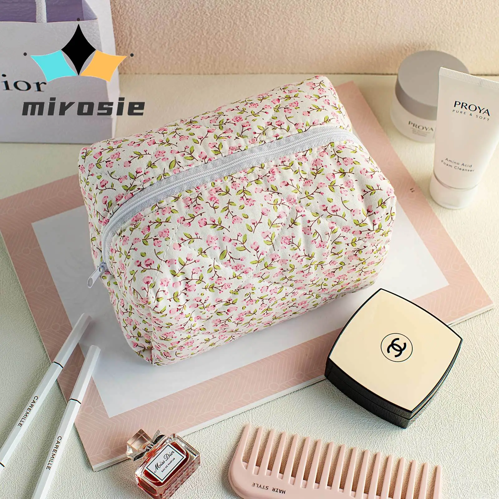 MIROSIE Floral Cosmetic Bag Travel Skincare Zipper Pouch Toiletry