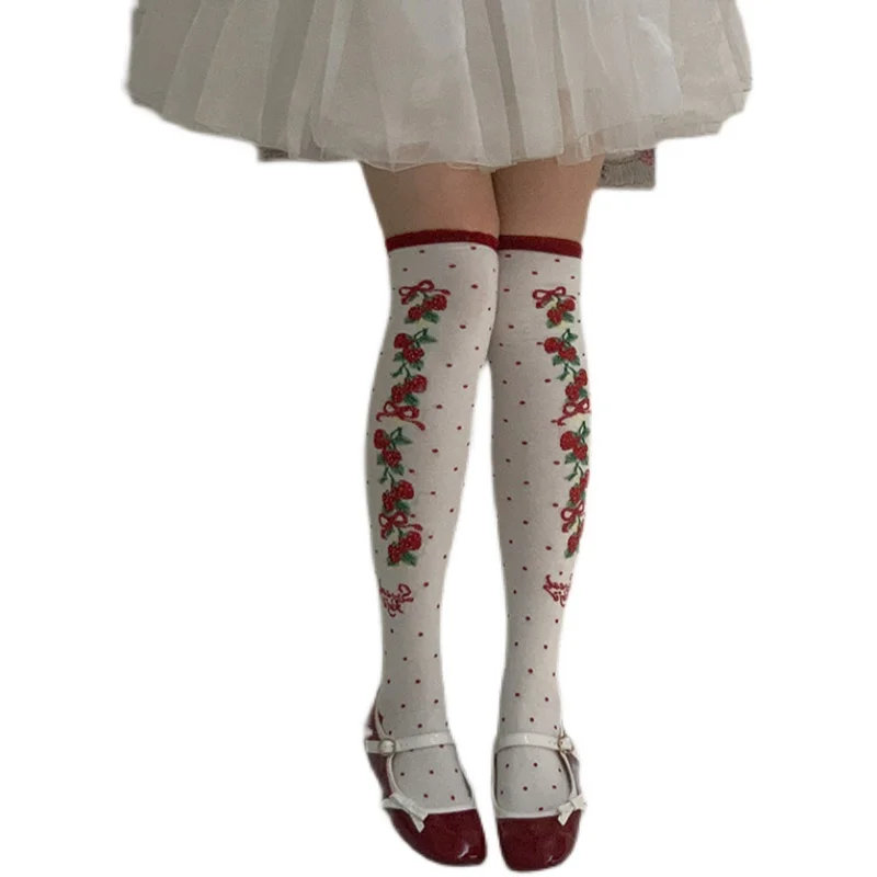 Strawberry Lolita Socks Women over-the-Knee Thick Cotton Printed Lace Japanese Style Stovepipe Socks