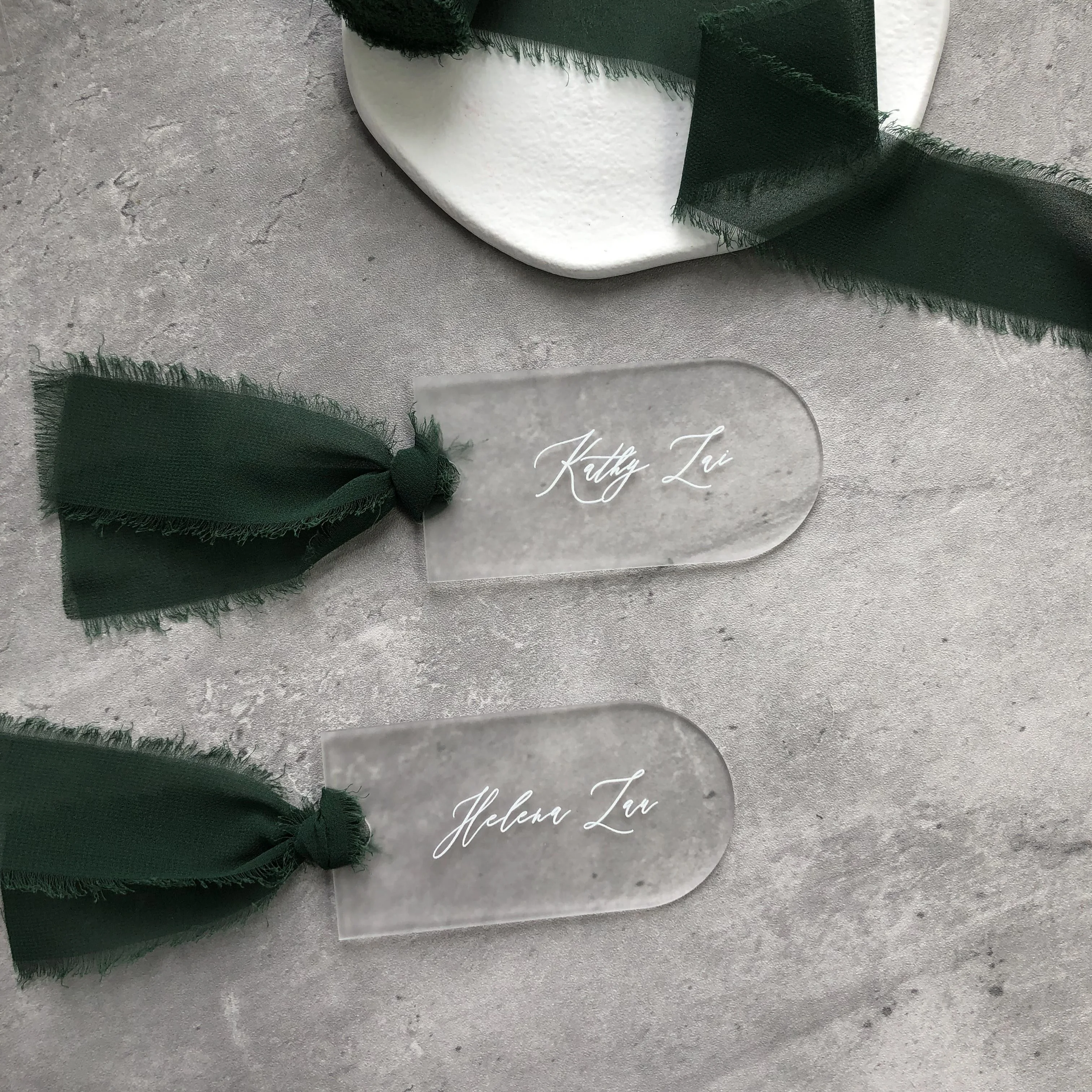 Frost NAME TAGS Acrylic Name Cards With slik Ribbon Table Setting Wedding Place Cards Party Favours Hen Party Favours
