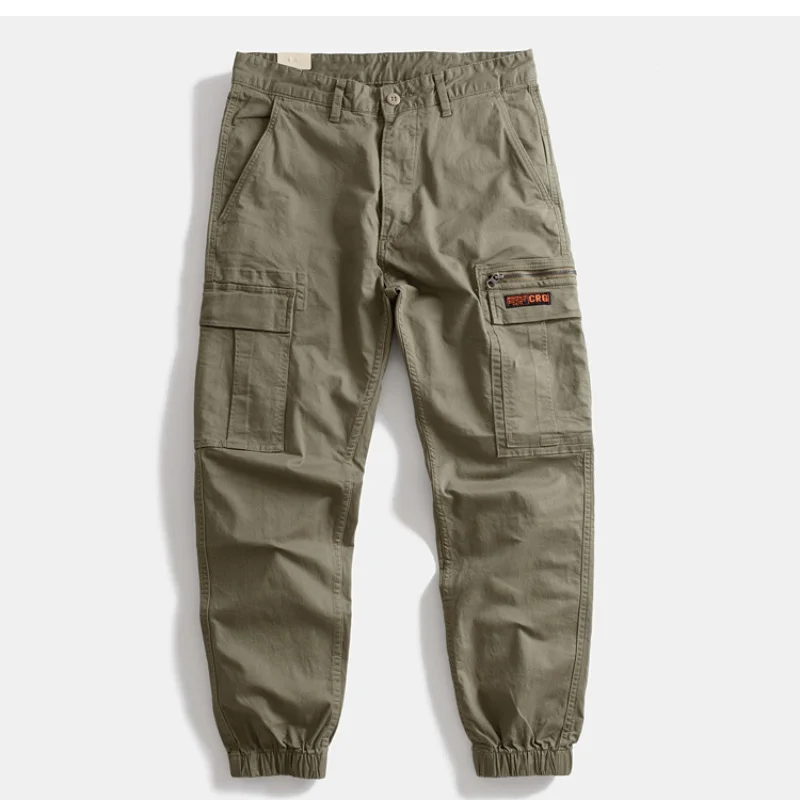 

washed micro-elastic leg pants Heavy-duty American loose men's multi-pocket overalls and small feet outdoor casual pants.