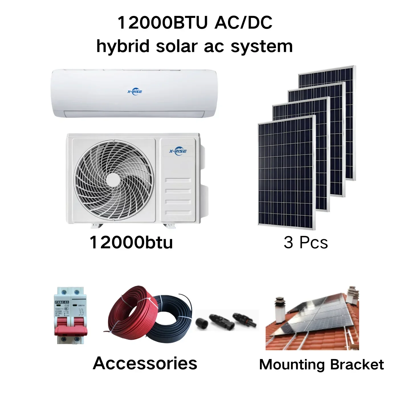 AC/DC Hybrid Solar Air Conditioner Wall Mounted Use New 9000BTU 12000BTU 18000BTU 24000BTU Electric Power 3 Years Room 2