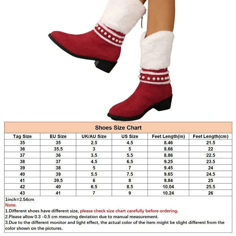 Women's Christmas Mid-calf Boots Fashion Pointed Low Heel Pearl Women's Boots Simple Comfortable Winter Shoes