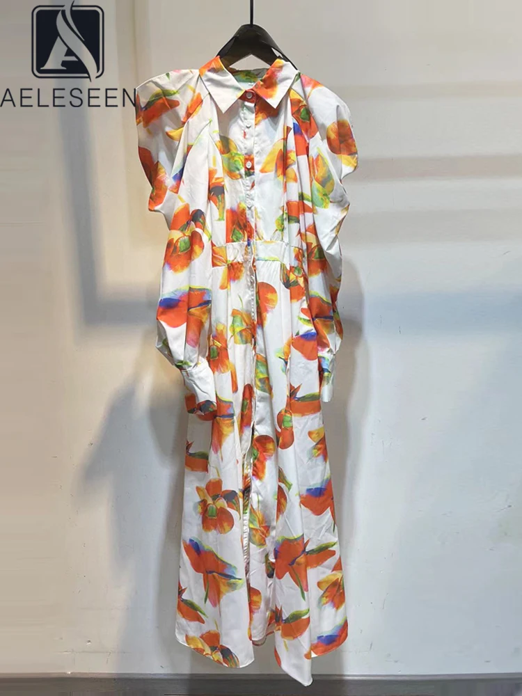 

Женское длинное платье AELESEEN, весенне-осеннее платье с пышными рукавами, Драпированное поясом, с цветочным принтом, Элегантное Вечерние