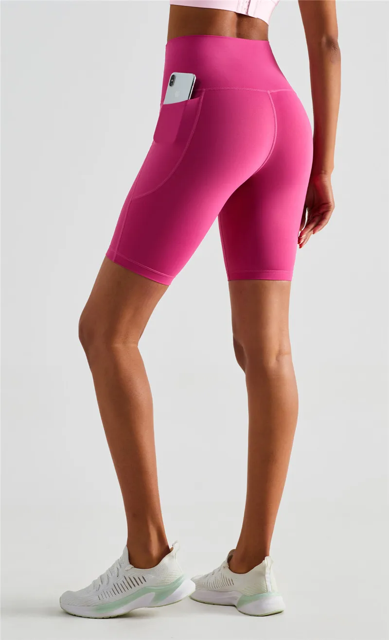 Solid Color High Waist Side Pockets Butter Soft Fitness Tight Women Sports Yoga Legging Shorts Breathable Cycling Athletic Gym