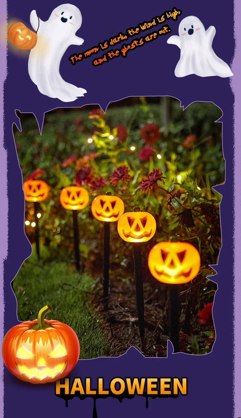 Description Picture 6 of itemSolar Halloween Pumpkin Pathway Light Decorations LED Halloween Pumpkin Stake Lights Set of 5 Lighted Outdoor Pumpkin Lawn Lamp