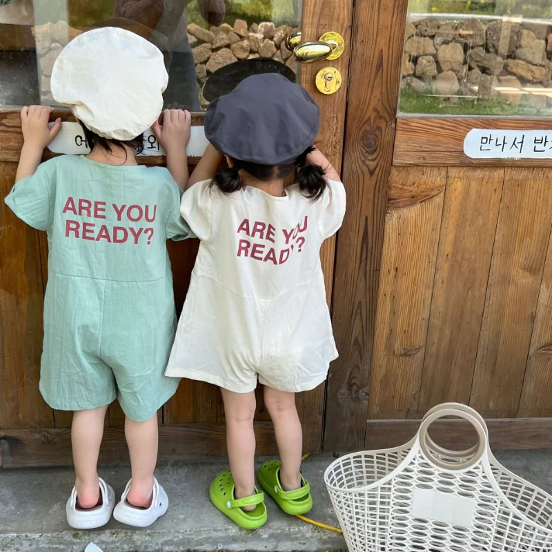 

2023 Summer Siblings Clothes Kids Short Sleeve Jumpsuits Letters Printed Boys Girls Cotton Loose Romper Shorts