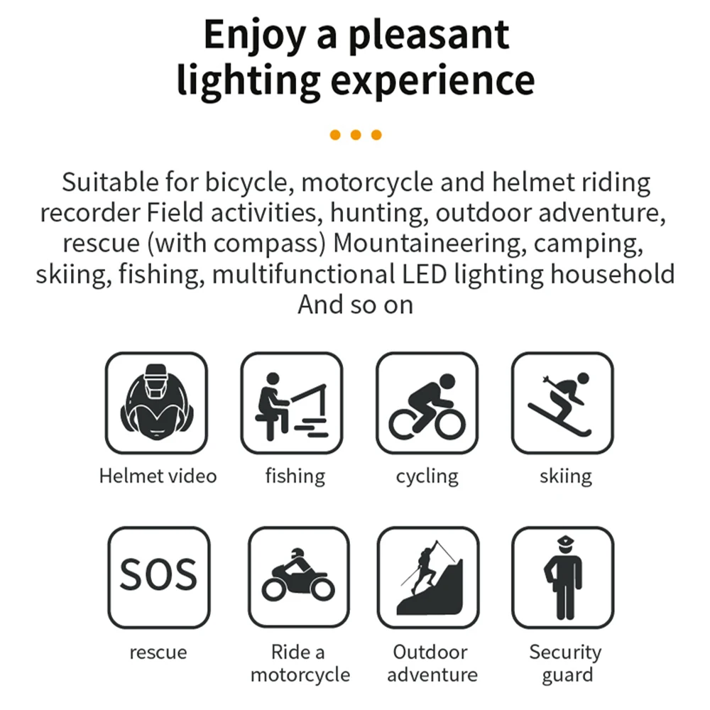Icons and text showcase the Outdoor Flashlight SpyCam's versatility—a multifunctional waterproof LED light ideal for cycling, skiing, rescue missions, outdoor adventures, and security guard use.
