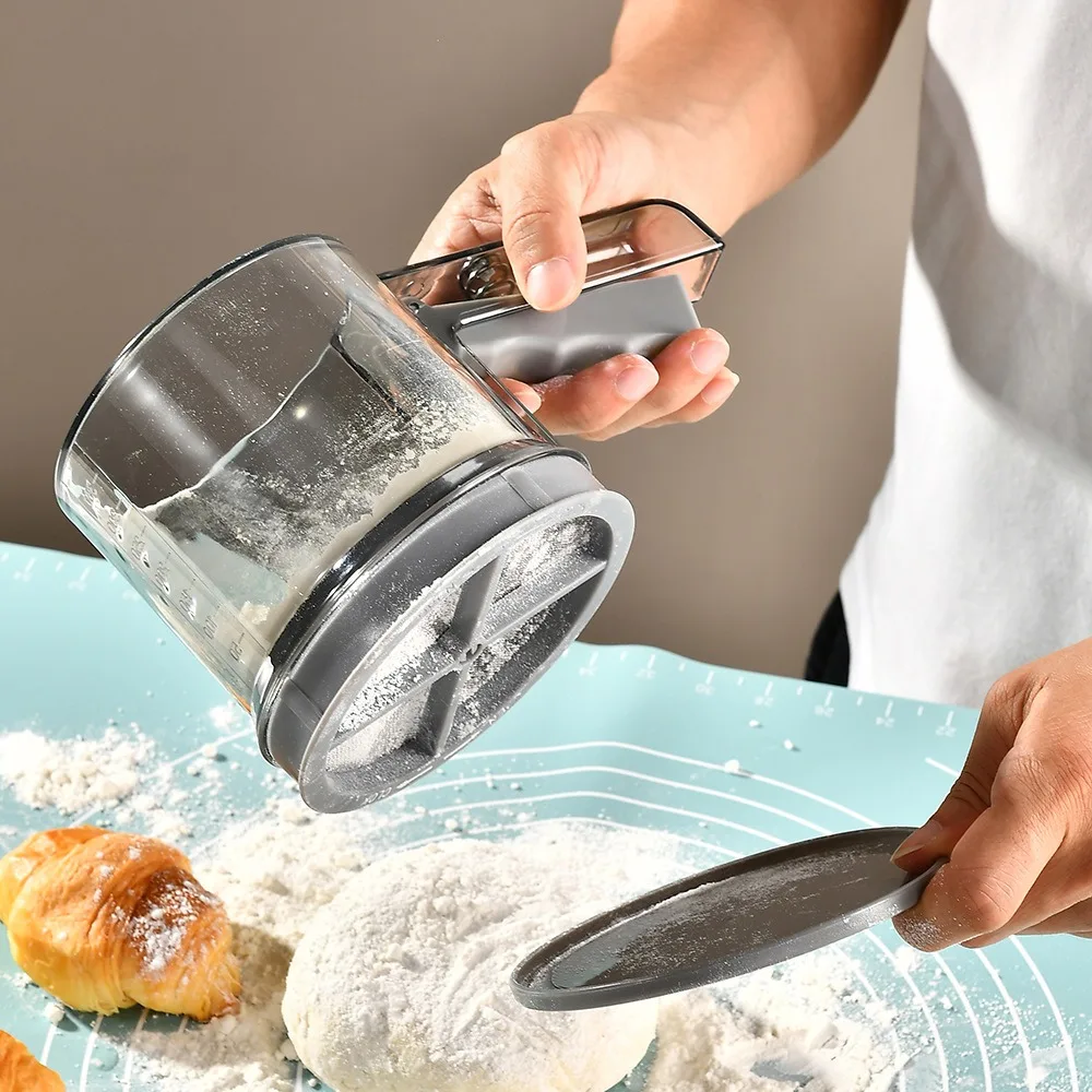 Baking Tool Handheld Semi-automatic Flour Sieve Manual with Scale Icing Strainer Plastic Long Handle Flour Filter Cake