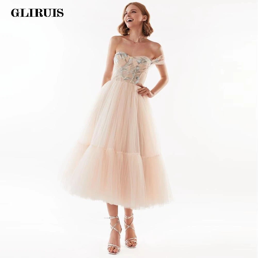short formal dresses Gorgeous Sweetheart Prom Dresses Tulle Midi Embroidery One Shoulder Tea-Length Evening Gown Tiered Formal Party Dress long prom dresses