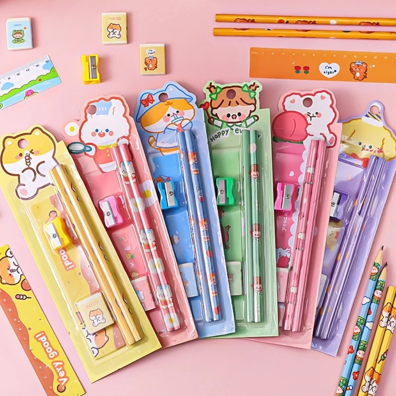 5 Piece Set Of Pencil Sharpener Eraser And Ruler Cartoon Animal Pencil