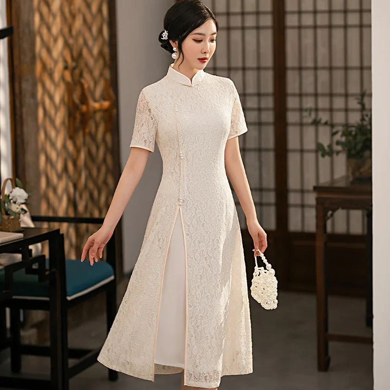 

2022 Autumn Mid-length White Thin Short-sleeved Lace Improved Aodai Cheongsam Daily Hollow Chinese Qipao Dress for Women Party