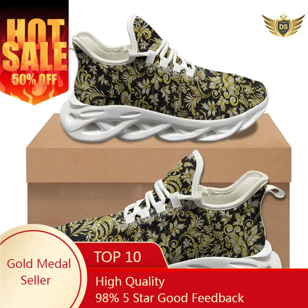 

Gold Black Baroque Printed Comfortable Sneakers Shock Absorbing Anti-Slip Basketball Shoes Breathable Lace-Up Vulcanized Shoes