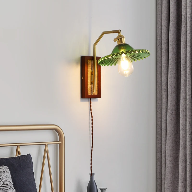 

Wall lamp Shelf Decoration Sconce Vintage Wa Sabi Light No Wiring Required With Plug Wooden Rattan Chassis Iron Body Glass Shade