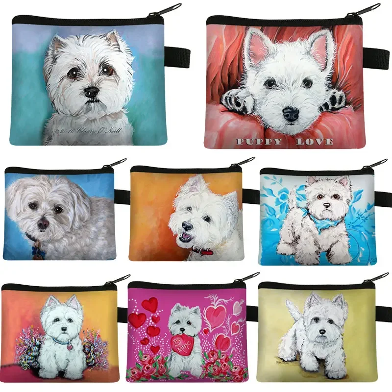 Westie Dog Painting Coin Pouch Women Lipstick Card Key Bag Mini Dog Wallets Gift