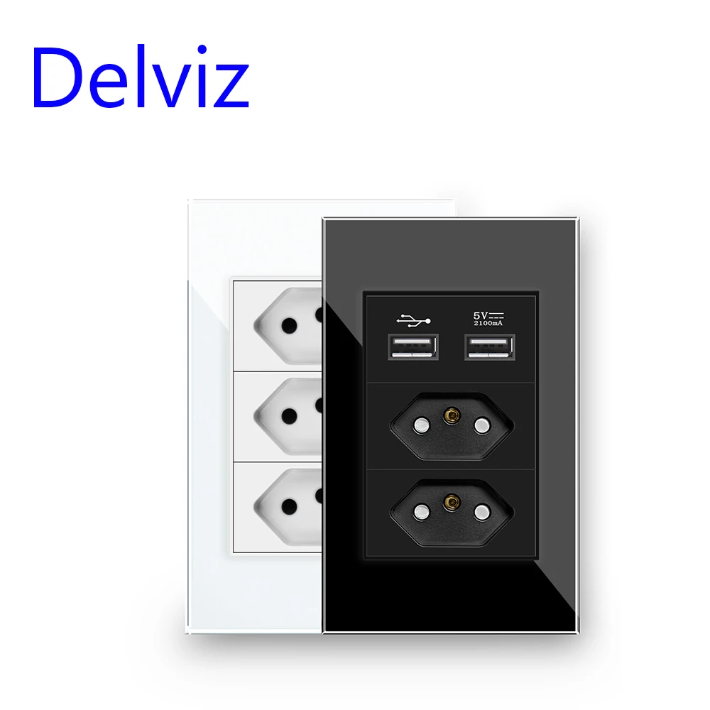 Delviz Brazil Standard Socket, White Tempered Glass Panel, USB socket 2100ma, Size 120mm*72mm, With USB Ports Wall Power Outlet